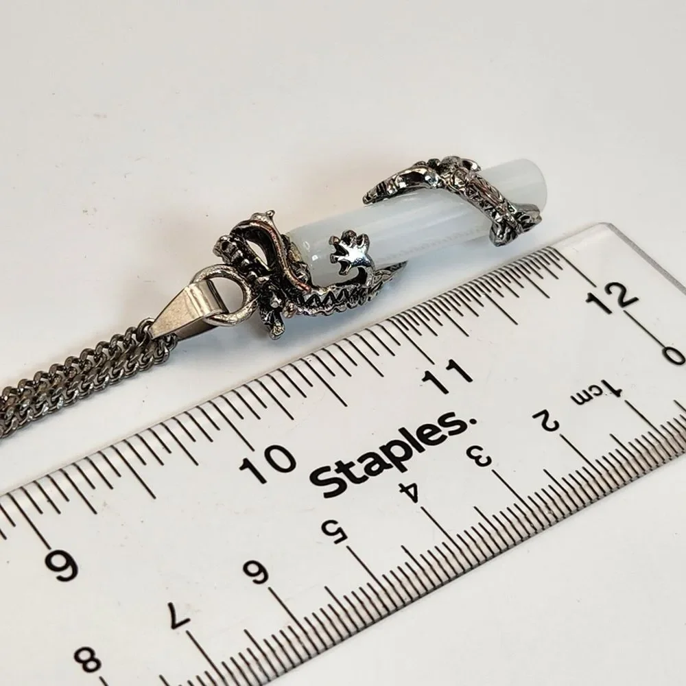 Stainless Steel‎ Necklace Silver Dragon Wrap Around Clear Crystal Stone Pendant